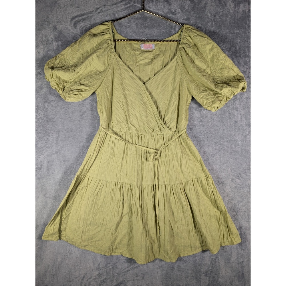 CDM Women Chartreuse Green Cotton Gauze Puff Sleeve Tiered Mini Wrap Dress Large